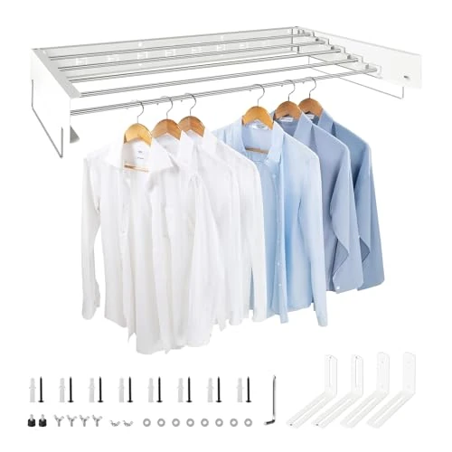 Tijdelijke aanbieding: SWAWIS 80 x 40 cm wasrek voor wandmontage, inklapbaar wasrek van roestvrij staal, ruimtebesparend met handgrepen, draagkracht 50 kg, voor balkons binnenshuis (wit) van 64.99 EUR naar 64.99 EUR (korting 0%)