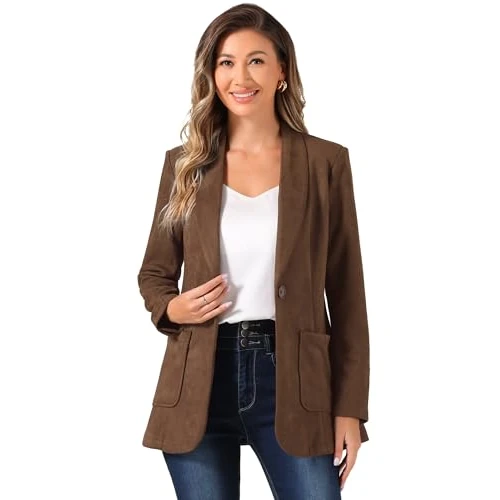 Offerta a tempo: Allegra K Blazer in finta pelle scamosciata per giacca da lavoro da donna con risvolto e bottone, Marrone, S - 0.00% da 71.87 € a 71.87 €