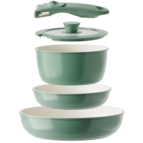Redchef Pan Set Ceramic Pot Set with Removable Handle, Ceramic Non-Toxic Pot, Motorhome Cookware Set for Camping, PTFE-Free, PFAS-Free, PFOA-Free, Space-Saving, Dishwasher Safe, Green