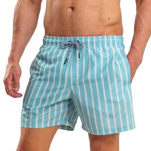 RIPT Performance Hommes Essentials Short de Bain à séchage Rapide avec Protection Solaire UV 50, Imprimé à Rayures Bleu Clair, S