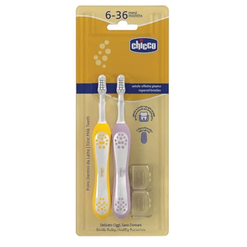 Offerta a tempo: Chicco Set 2 Spazzolini da Denti per Bambini, Con Testina Arrotondata, Setole Morbide Delicate su Gengive e Dentini, Ampio Manico Antiscivolo, Coprisetole Incluso, 6-36 Mesi, 2 Pezzi, Bimba - 32% da 4.99 € a 3.40 €