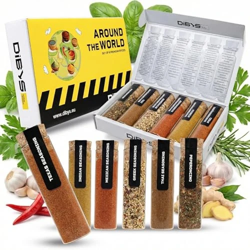 DIBYS Spices from Around The World Gift Set | 6 Authentic Spice Blends | Gourmet Spices Gift Set for Cooking & Seasoning | Collection with Greek, Indian, Thai, Mexican, Italian & Texan Spices