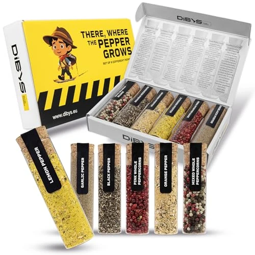 Offerta a tempo: DIBYS Pepe Set Misto | 6 Raffinate Variazioni di Pepe in Provette con Ricette Incluse | Mix di Pepe Eccitante e Variato | Confezione Spezie Regalo per Chef e Cuochi Appassionati | Cucina - 39% da 19.68 € a 12.04 €