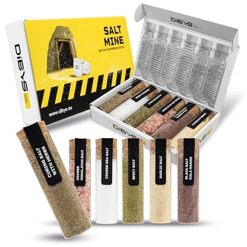 DIBYS SALTMINE Gourmet Salt Gift Set | 6 Different Salts from Around the World Including Recipes | Spice Gift Set with Herb, Garlic, Spicy Flavour | Gifts for Home Cooks