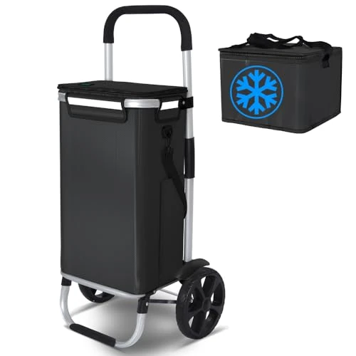 Tijdelijke aanbieding: VOUNOT Boodschappentrolley met 2 wielen van aluminium met waterdicht vak, opvouwbaar, 3-in-1, met afzonderlijke koeltas, trolley, zwart, 50 l van 40.66 EUR naar 40.66 EUR (korting 0%)