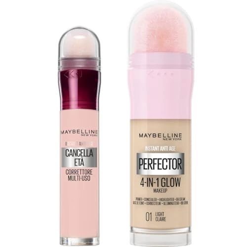 Offerta a tempo: Maybelline New York, Kit con Correttore Multiuso Cancella Età, Tonalità: 05 Brightener + Fondotinta Illuminante Instant Perfector 4 in 1, Tonalità: 01 Light - 32% da 26.13 € a 17.78 €