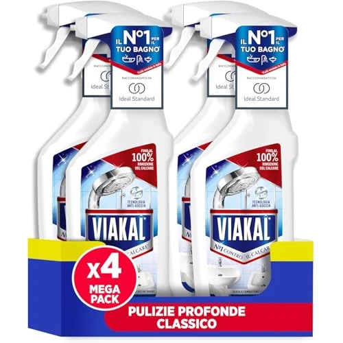 Viakal 4 x 720 ml spray odkamieniający, płynny zapach, technologia zapobiegająca spadaniu, usuwa do 100% kamienia i pozostałości mydła