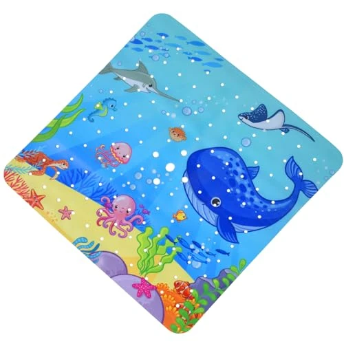OTraki Tapis de Bain Antidérapant, 53x53cm Tapis de Bain Animaux Marins, Tapis de Bain Cartoon avec Trous de Drainage et ventouses, Lavable en Machine, Tapis de Baignoire Antidérapant Bebe, Bleu