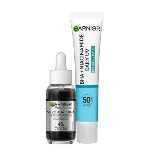 Garnier Pure Active AHA Serum + BHA contra impurezas y fluido diurno contra los rayos UV/impurezas con niacinamida, SPF 50+, piel perfecta y protegida del sol, 30 ml + 40 ml