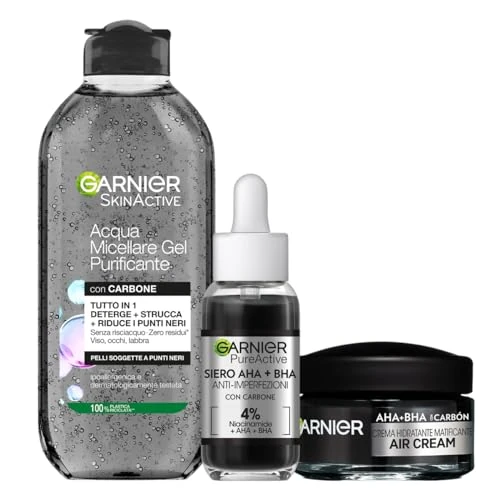 Offerta a tempo: Garnier Kit SkinActive Acqua Micellare Gel Purificante, Siero AHA+BHA Anti-Imperfezioni, e Air Cream AHA+BHA Crema Opacizzante con Carbone, Pelle Purificata e Uniforme, 400 ml + 30 ml + 50 ml - 12% da 26.99 € a 23.68 €