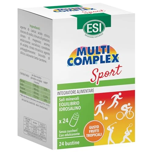 ESI, Multicomplex Sport, Integratore Alimentare di Sali Minerali per Sportivi con Potassio, Magnesio e Sodio, Contrasta l'Affaticamento e Restituisce Energia, Senza Zuccheri, 24 Bustine