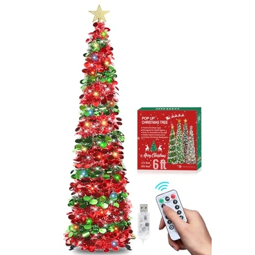 HMASYO 6 FT pop-up klatergoud kerstboom met 100 veelkleurige timerlichten en afstandsbediening, rood groen opvouwbaar kunstpotlood boom kerstdecoratie voor thuis, kantoor, feest, USB-voeding,
