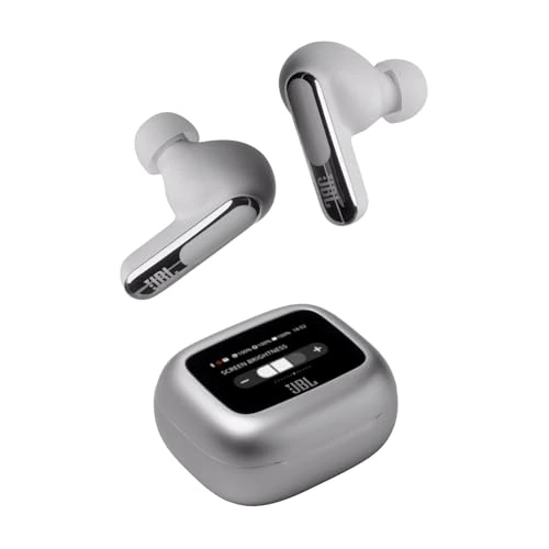 JBL Live Beam 3 Auriculares inalambricos de botón con almohadillas,True Wireless con cancelación de ruido adaptable, hasta 48 horas de reproducción, Bluetooth, audio de alta resolución, plateado