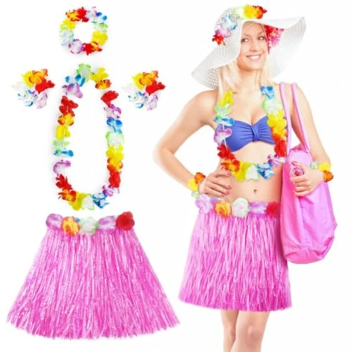 Offerta a tempo: Aomig Hula Gonna Hawaiana, 5 Pezzi Gonna Hawaiana a Fiori, Rosa Costume Tropicale Fascia, Set di Ghirlande fiori Hawaiane da 40 CM per Bambini, Adulti, Donne Festa Estiva in Spiaggia Tropicale - 50% da 11.99 € a 5.98 €