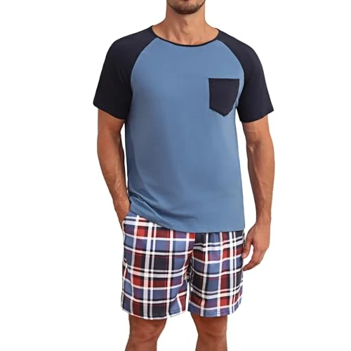 Jahetuul Pyjama Homme Ete Coton Ensembles de Pyjama Court pour Homme Manches Courtes avec Poche Confortable Doux Deux Pièces