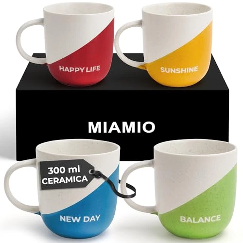 Offerta a tempo: MIAMIO - Set di 4 tazze da caffè da 300 ml/Tazze da caffè ispiranti con scritte/Regali per moglie, marito, donne, uomini, famiglia, amici/Adatte a microonde e lavastoviglie (Vita felice) - 37% da 30.00 € a 19.00 €