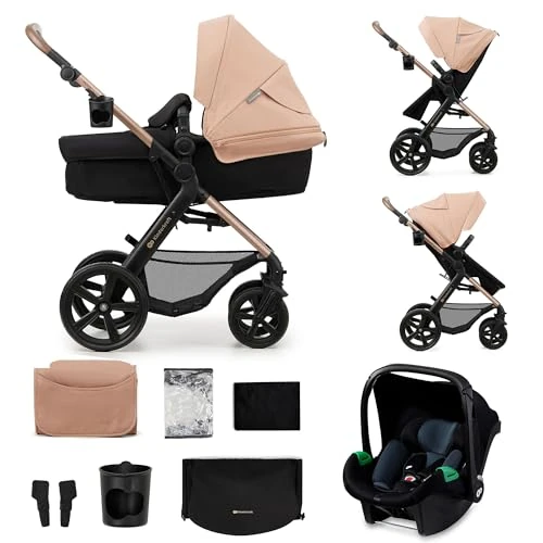 Kinderkraft MOOV 2 Pushchairs 3-in-1 Pushchair Set up to 22 kg with Child Seat I-Size 40-75 cm, Buggy Function, Adjustable Reclining Position, Large Extendable Hood, EVA Foam Wheels, Beige