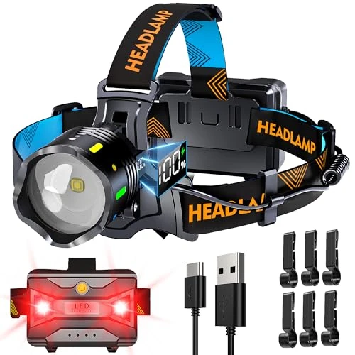 XILUO 58000 LM 10 Modes Head Torch Red Blue Warning Zoomable Sensor and Energy Saving, Long Standby Headlamp, 125° Adjustable Headtorch Rechargeable Waterproof IP68 for Outdoor Camping Hiking Hardhat
