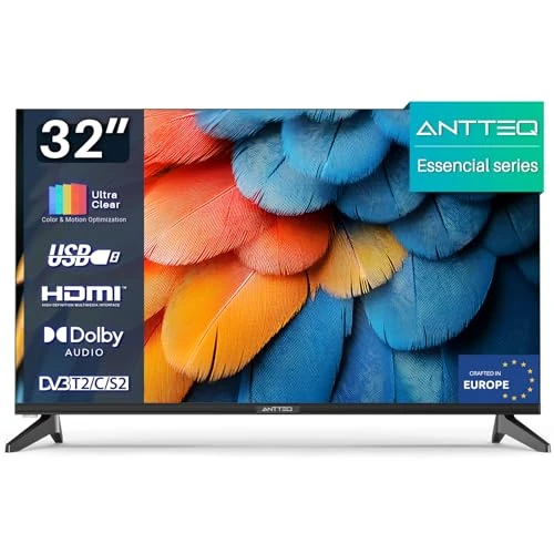 Antteq TV 32 Pollici (81 cm) LED HD, Design Senza Cornice, USB-Media Player, HDMI, Triple Tuner DVB-T2/S2/C, H.265/HEVC 10bit, Audio Dolby, Modalità Hotel, Adatto agli Anziani (E32-AH1Q1L)