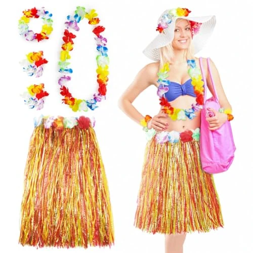 Aomig Hula Gonna Hawaiana, 5 Pezzi Gonna Hawaiana a Fiori, Colorate Costume Tropicale Fascia, Set di Ghirlande fiori Hawaiane da 60 CM per Bambini, Adulti, Donne Festa Estiva in Spiaggia Tropicale