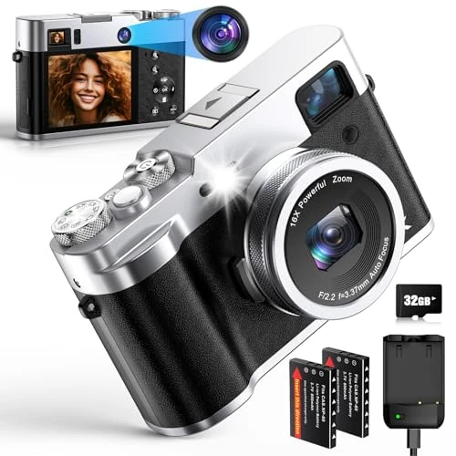 Offre limitee: Appareil Photo Numérique 5K, NEZINI 48MP Appareil Photo Compact avec Double Objectif, Appareil Photo Vlogging avec Carte SD 32G, Viseur, Stabilisation 6 Axes pour Débutants, Adolescents de 159.99 EUR a 35.99 EUR (economie 78%)