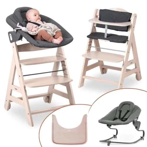 hauck Hoge stoel Beta+ Newborn Premium vanaf 0 maanden – kinderstoel van hout, met babywip, zitkussen, dienblad (5-punts riem, whitewashed)