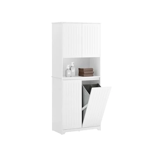 Offerta a tempo: SoBuy Mobiletto Bagno Salvaspazio con Portabiancheria Colonna Alta 170 cm con 2 Ante, Ripiano Aperto e Cesti Estraibili Armadietto Bagno per Lavanderia Bianco BZR150-W - 26% da 229.90 € a 169.48 €