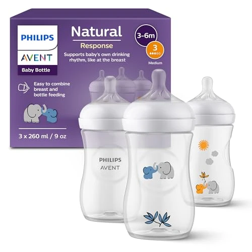 Philips Avent Natural Response Geschenkset für Babys: 3 Natural Response Babyfläschchen (260 ml) mit T3 Saugern (3-6 Monate), SCY903/63