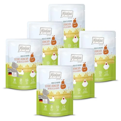 MjAMjAM - Premium natvoer voor katten - Quetschie - Chicks & Friends heerlijke kip met fruitige peren, 6-pack (6 x 300g), graanvrij