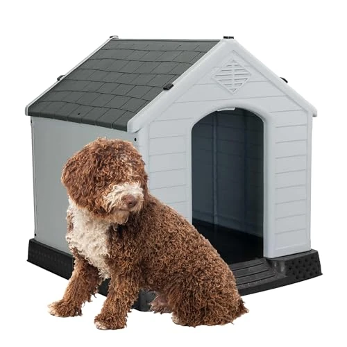 Aqpet Caseta para Perros de plástico para Exterior Interior casa jardín Impermeable con Suelo Elevado, para Perros Talla Grande, 105 x 96 x 98 cm, Gris