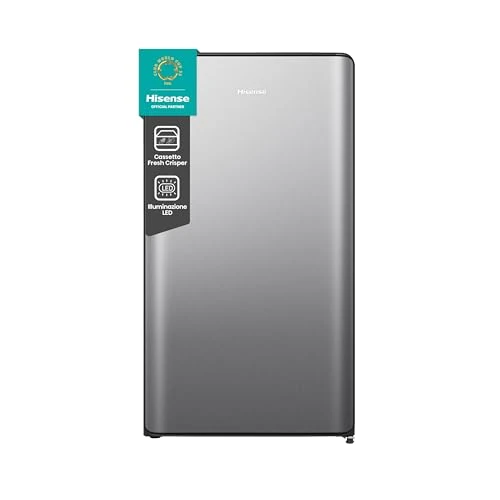 Hisense RR106D4CDE Frigorifero silver shadow a porta singola con design curvilineo, zona congelatore a 3 stelle, 82 L, classe E