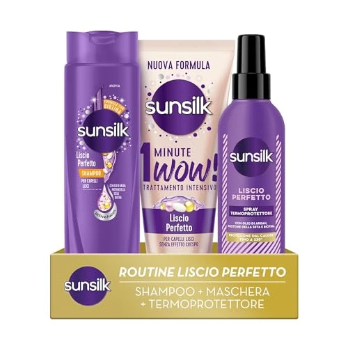 Sunsilk Idealny gładki zestaw z szamponem 250 ml, odżywką 200 ml i sprayem do włosów 200 ml, efektem przeciwpuszącym, chroni przed gorącem włosów i płytkami, dla wyraźnie zdrowych włosów
