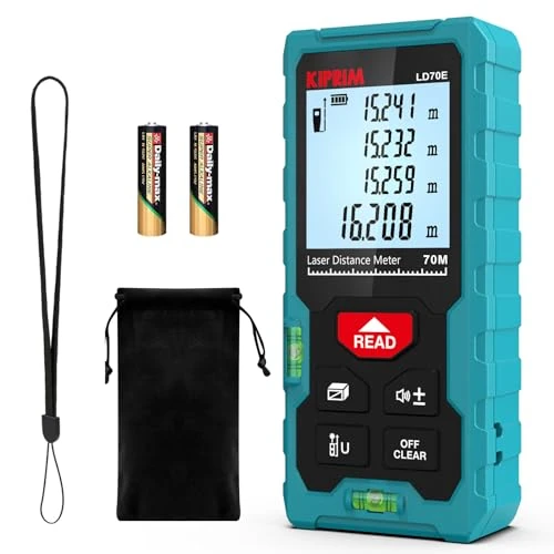 Offerta a tempo: Metro Laser Professionale, Kiprim Misuratore Laser da 70M in M/In/Ft con Retroilluminazione LCD e 2 Strumenti a Bolla Orizzontale, Misure di Distanza/Area/Volume/4 Pitagoriche - 10% da 27.99 € a 25.26 €