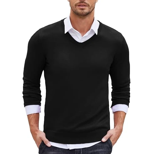 COOFANDY Herren V Ausschnitt Pullover Langarm Winter Strickpullover Männer Casual Sweater Pulli Schwarz M