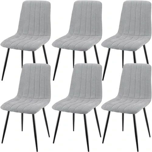 JIJIAN Set van 6 eetkamerstoelen, gestoffeerde stoelen met linnen stof en zwarte metalen poten, gestreept design, eetkamerstoelen voor eetkamer, woonkamer, slaapkamer, keuken, receptie