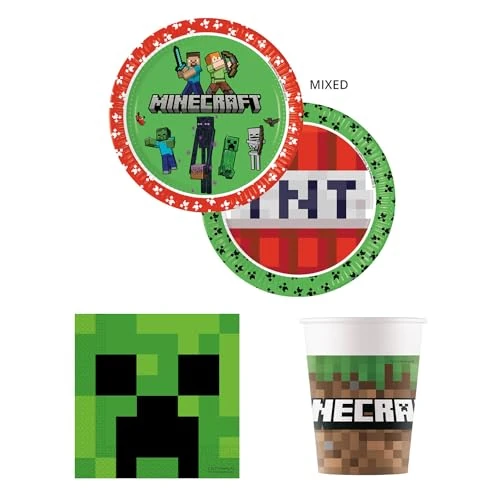 Offerta a tempo: Procos - Set da festa Minecraft, set di stoviglie da 52 pezzi per feste di compleanno per bambini e feste a tema, decorazione della tavola - 11% da 17.99 € a 15.98 €