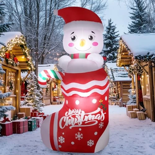 Opblaasbare sneeuwpop buiten kerstdecoratie: 180 cm opblaasbare sneeuwpop in kerstkous met LED-verlichting met vaste touwpalen voor tuin, gazon, vakantiefeest