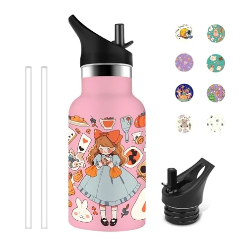 Grsta Drinkfles voor kinderen, 350 ml, thermosfles, gepersonaliseerde drinkfles met rietje, BPA-vrij, voor meisjes, gemakkelijk te reinigen, voor school, camping, kantoor, roze