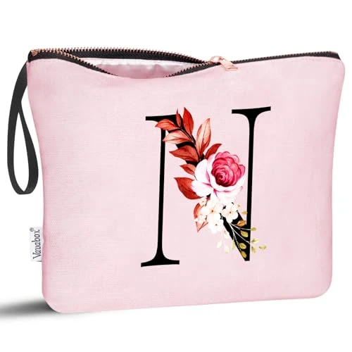 Vavabox A-Z Personalized Initial Makeup Bag, Birthday Gifts for Women Unique,Bride Bridesmaid Gift Cosmetic Bags (N, Pink)