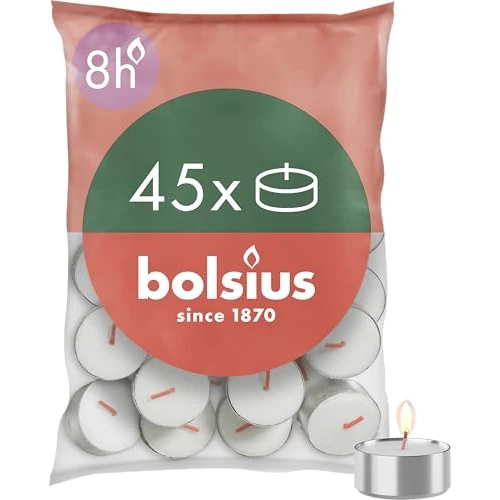 Bolsius D-light Tealight – 45 pezzi – in sacchetto – Lunghezza durata 8 ore – Candele decorative per la casa – Bianco – Contiene cera naturale – Senza olio di palma