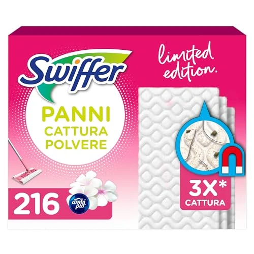 Swiffer Pink Dust Cloths, 216 Microfibre Dry Cloths, Dust and Dirt Catch Cloths, Great for All Types of Floors and Animal Hair, Maxi Size, Cloths with 79% Recycled Fibres