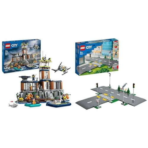 LEGO City Prigione sull’Isola della Polizia, Giocattolo ricco di Funzioni con Elicottero, Barca & City Piattaforme Stradali, Set di Basi per Strade con Lampioni Fosforescenti