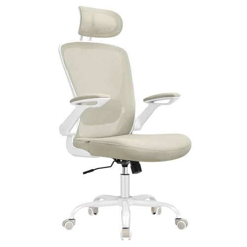 SONGMICS Office Chair, Ergonomic Mesh Chair with Mesh Back for Desk, Foldable Armrests, Adjustable Lumbar Support and Headrest, Tilt Function, Cappuccino Beige OBN047K02