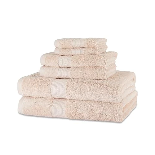 Limited-time offer: Amazon Basics 6 Piece Fade resistant towel set for bathroom, 100% Organic Cotton soft and absorbent, 2 Bath + 2 Hand + 2 Face Cloths, Blush Pink from 23.09 GBP to 19.33 GBP (save 16%)