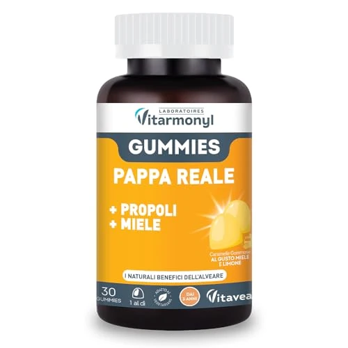 Offerta a tempo: VITARMONYL PAPPA REALE GUMMIES - Con Propoli e Miele - Con Propoli e Miele - Facili da assumere - Per i Bambini +3 - Energia e Vitalità - 30 Gummies - Gusto Limone - 39% da 9.90 € a 6.04 €