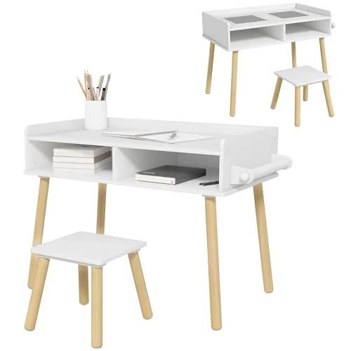 Offerta a tempo: HOMCOM Set Tavolino per Bambini con Sgabello Abbinato, Banchetto Scuola con Superficie per Costruzioni, Piano Liscio e Rotolo di Carta, Bianco - 3% da 50.82 € a 49.54 €