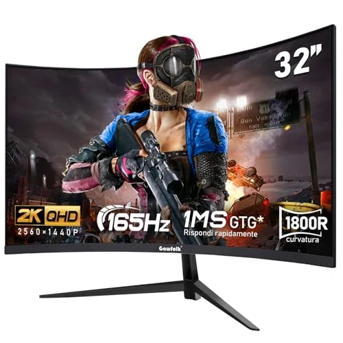Gawfolk 32 inch pc-scherm, 2KQHD (2560 x 1440P), gebogen gamingmonitor met 165 Hz, 1 ms, 100% sRGB, 178° groothoek, HDMI, DisplayPort, compatibel met VESA100 x 100 mm wandmontage, zwart