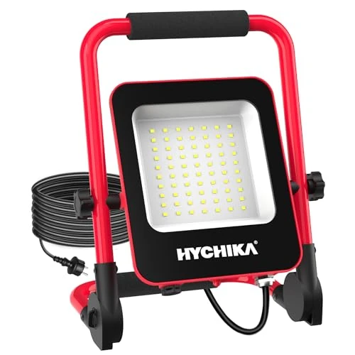 HYCHIKA 50 W LED Floodlight - Powerful and Waterproof IP65, White Light 6500 K, 5500 Lumens with Schuko Plug and 3M Cord - Ideal for Indoor and Outdoor Work