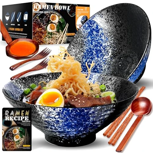 Limited-time offer: 8-Inch Large Ceramic Ramen Bowl Set of 2 (9 Piece) - Microwave & Dishwasher Safe Porcelain Japanese Salad Noodles Cereal Fruit Pasta Soup Bowls with Recipes Chopsticks Forks Spoons for Men Women Gift from 19.99 GBP to 15.99 GBP (save 20%)