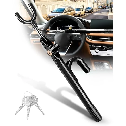 Tevlaphee Steering Wheel Lock, Car Security Lock, Heavy Duty Anti-Theft Device, High Visibility, Universal Fit for Cars, SUVs & Vans, Adjustable, Solid Steel Core, 3 Keys(Black)